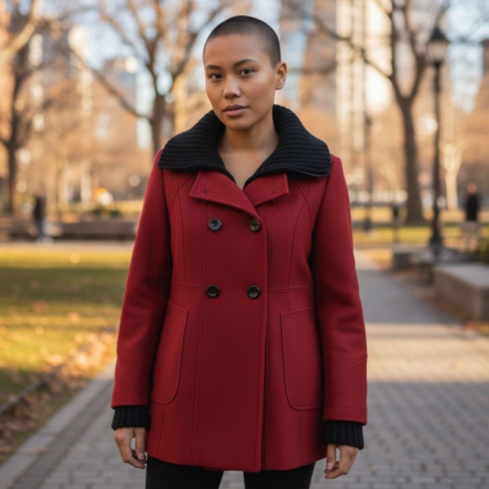 Calvin Klein Red‎ Double Breasted Wool Blend Peacoat Knit Collar Women's Size 6